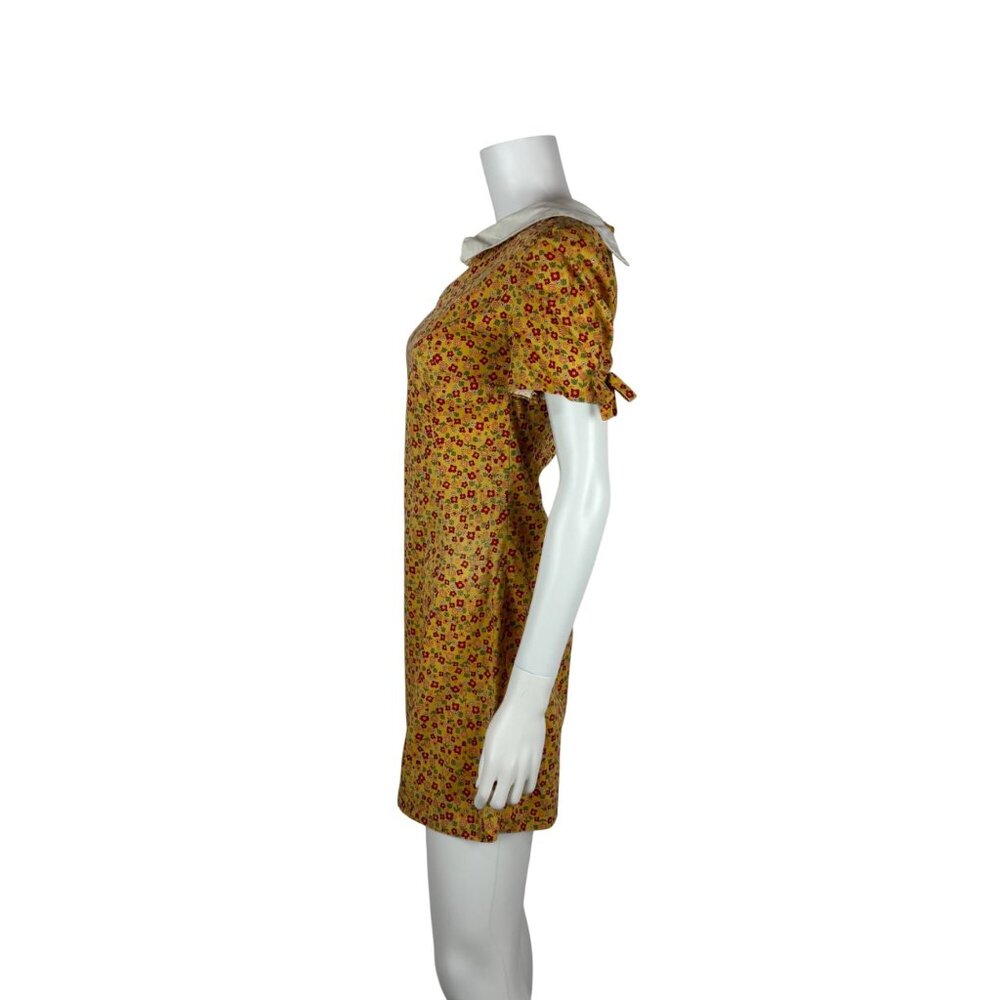 Vintage 60s Mod Mini Dress Womens Small Yellow Floral Peter Pan Collar Handmade - Picture 8 of 11